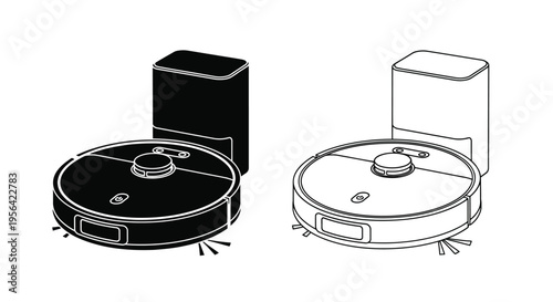 Two robotic vacuum cleaners one black and one white with charging stations