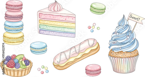 Vector Illustration Hand-Drawn Collection of Pastel French Pastries and Desserts