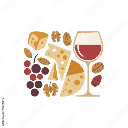 A delightful arrangement of wine, cheese, grapes, almonds, and walnuts.