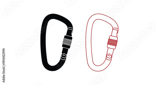 Two carabiners one black and one red depicted in a linear style