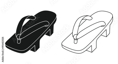 Black and white illustration of a modern heeled flip flop sandal pair