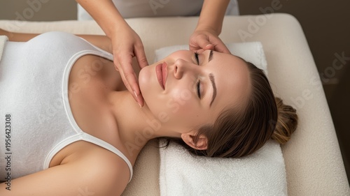 Expectant mother enjoying a soothing facial to alleviate stress. Unidentified pregnant woman in a white tank top receiving a gentle face-lifting massage while lying on her back. High quality
