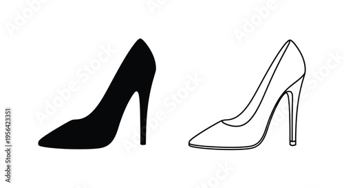 Black and white illustration of two high heeled shoes in different styles