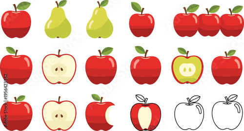 Vector Illustration Set of Red Apples and Pears Whole, Sliced, and Core Views for Fruits, Food, and Healthy Eating Designs