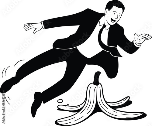 Man in suit falling from banana peel cartoon Keywords: man, business, suit, tie, falling