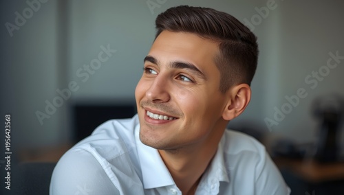 Grinning young male in an office gazing elsewhere