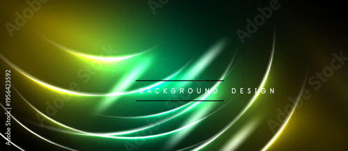 Abstract background features flowing neon lines. Green, yellow hues blend into dark space. Modern design element.
