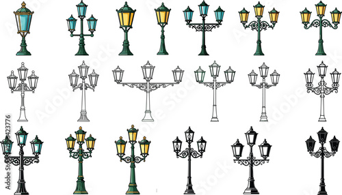 Vintage Street Lamp Set Featuring Different Designs and Styles for Outdoor Illumination, Urban, and Garden Decor