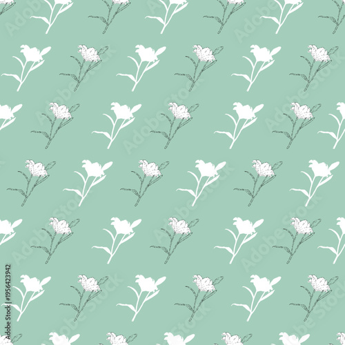 Delicate White Lily Floral Seamless Pattern. Seamless vector pattern featuring blooming white lily ideal for elegant floral designs, botanical prints, textile patterns, and nature-inspired projects.