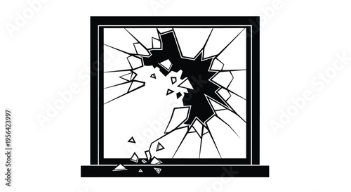 A black and white illustration depicting a shattered window with fragmented glass