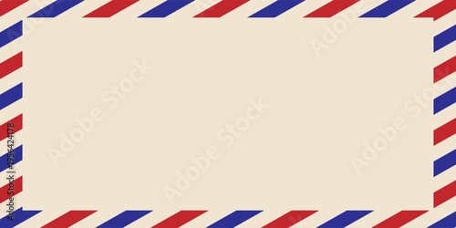 Airmail envelope frame. Commercial envelope. International vintage letter border. Retro air mail postcard with blue and red stripes. Blank correspondence paper template.eps,10