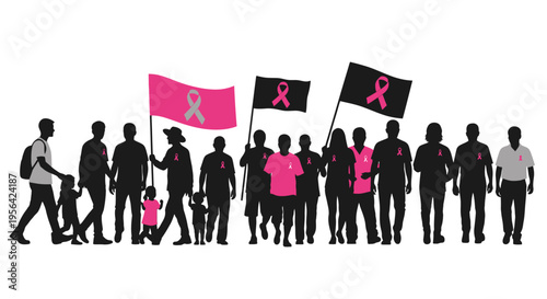 Group of People Holding Pink Ribbon Flags.