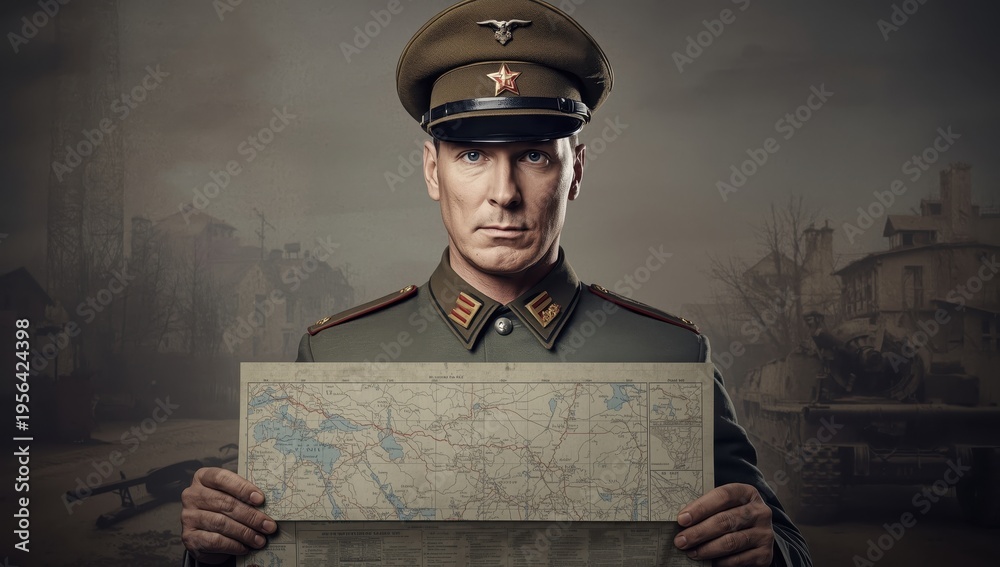 Fototapeta premium Man dressed as a Soviet officer from WWII, holding a map