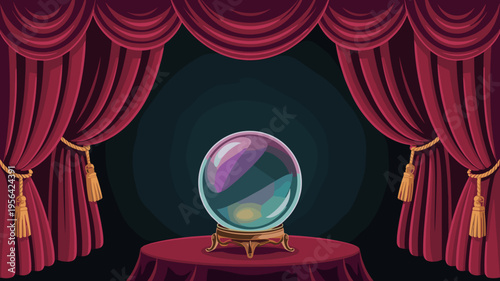 Fortune teller crystal ball with red stage curtains – Suitable for carnival themes, spiritual guidance, or performing arts.