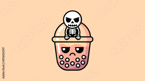 Cute peach bubble tea with moody skeleton mascot – Great for pins, apparel design, or Japanese-inspired pop culture.