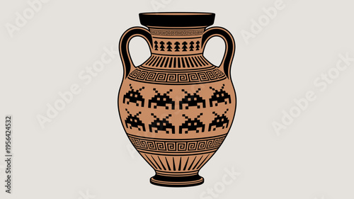 Terracotta amphora with pixelated alien motifs – Perfect for museum gift shops, gaming blogs, or cultural fusion art.