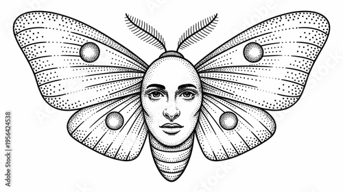 Monochrome stipple art of hybrid moth creature – Perfect for tattoo inspiration, mystery book covers, or dark academia.