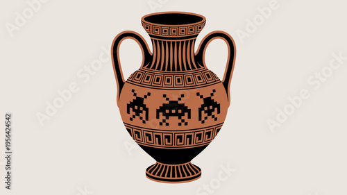 Traditional Greek vessel with arcade game icons – Suitable for interior design, gaming history, or creative branding.