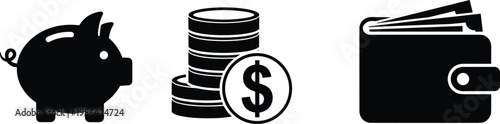 Set of black money saving and wealth vector icons featuring piggy bank stack of dollar coins and full wallet isolated on white background