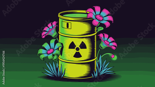 Glowing toxic waste spill with neon mutated flowers – Great for poster design, electronic music art, or social issues.