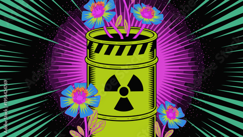 Neon green radioactive barrel and bioluminescent flora – Perfect for climate change blogs, toxic beauty art, or gaming.
