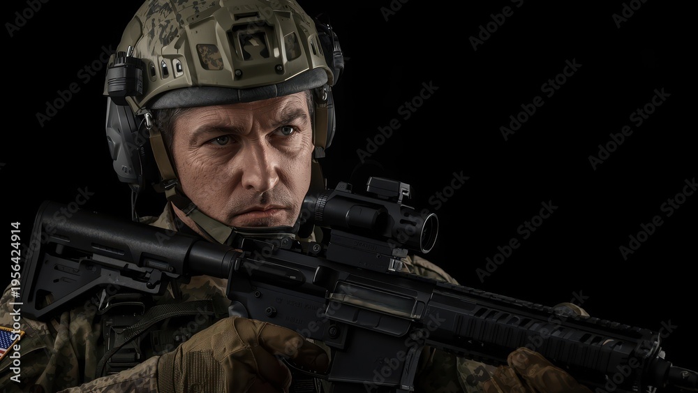 Fototapeta premium U.S. special ops soldier or mercenary with a rifle, depicted against a dark backdrop. Themes: conflict, military, arms, tech, and humanity