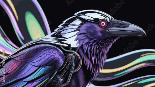 Robotic raven with iridescent oil slick patterns – Ideal for cyberpunk art, tech branding, or futuristic decor.
