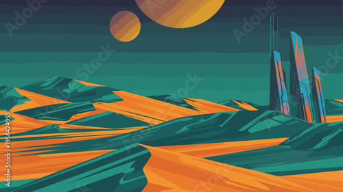 Alien terrain in teal and orange with binary suns – Perfect for science fiction posters, synthwave art, or tech blogs.