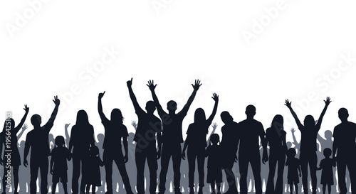 Group of People Silhouettes with Raised Hands.
