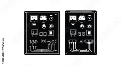 Two black control panels with gauges switches and wiring connections