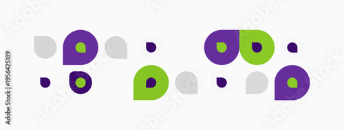 Abstract design features colorful circles, dots. Purple, green, gray hues create playful pattern. Minimalist style, simple shapes.