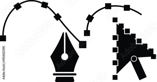 Vector design tool silhouette featuring pen tool nib anchor points path lines and cursor for digital art creation software branding and graphic design education.