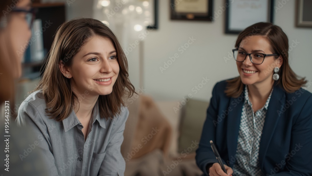Obraz premium Young female patient in therapy with psychologist
