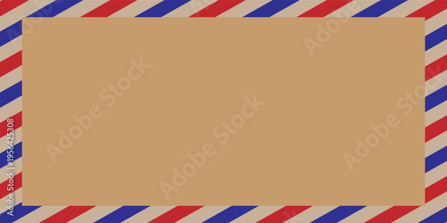 Airmail envelope frame. Commercial envelope. International vintage letter border. Retro air mail postcard with blue and red stripes. Blank correspondence paper template.eps,10