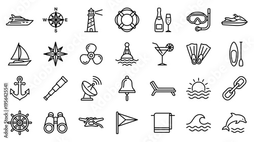 Nautical Icons Set Collection of Marine and Ocean Related Symbols for Travel and Leisure Activities