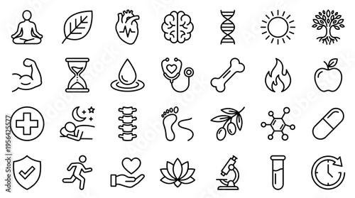 Collection of health and wellness icons representing medical science fitness and healthy lifestyle choices