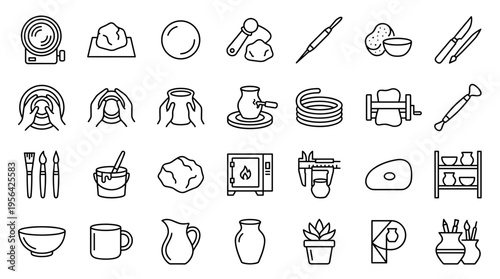 Collection of pottery making tools and ceramic art supplies, illustrating the craft of clay sculpting and pottery production