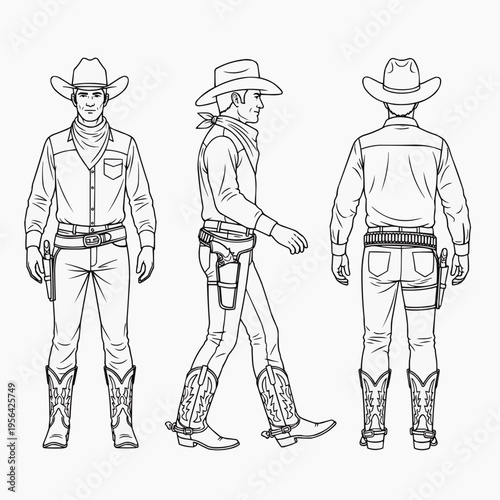 Cowboy Character Design Sheet with Walking Side and Rear View