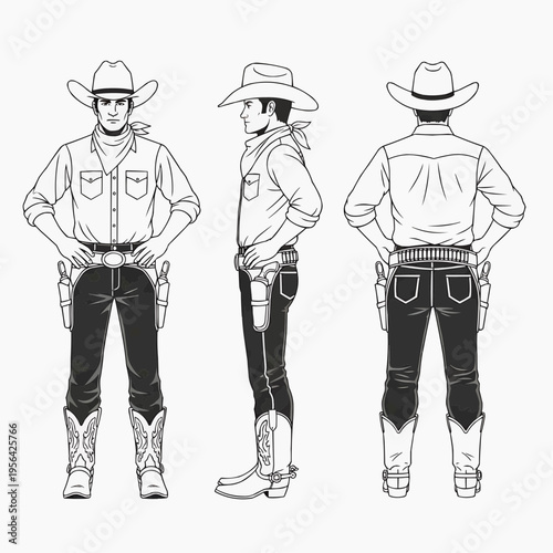 Cowboy Character Design with Front Side and Rear View