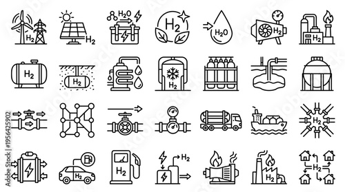 Hydrogen energy production storage distribution and utilization icons set clean renewable energy concept