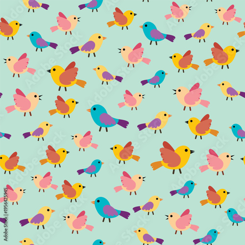 Seamless vector pattern with cute colorful birds on a light turquoise background.