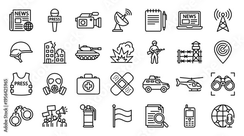 Collection of icons representing war conflict news and journalism symbols including military equipment and press elements
