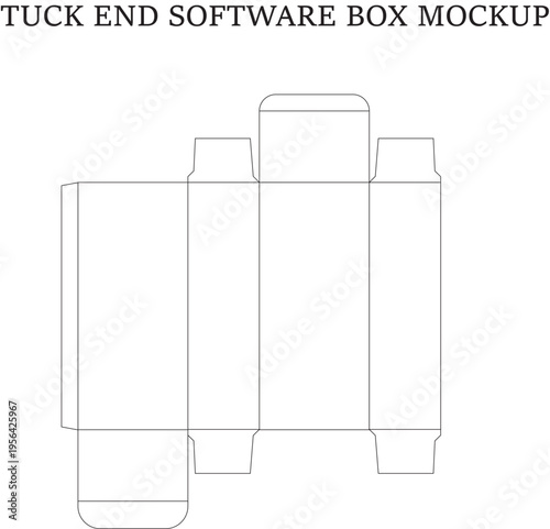 Tuck end software box mockup packaging dieline template with technical lines for product design and manufacturing