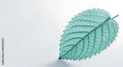 Close up of a single teal leaf with intricate veins casting a soft shadow on a clean white background, emphasizing natural detail and simplicity.