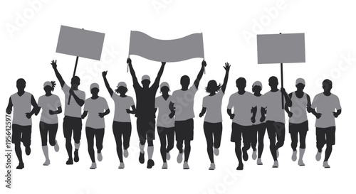Group of Runners Holding Signs and Flags.