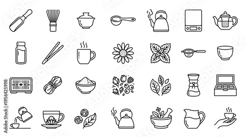 Collection of Tea Ceremony Icons and Utensils for Brewing and Enjoyment