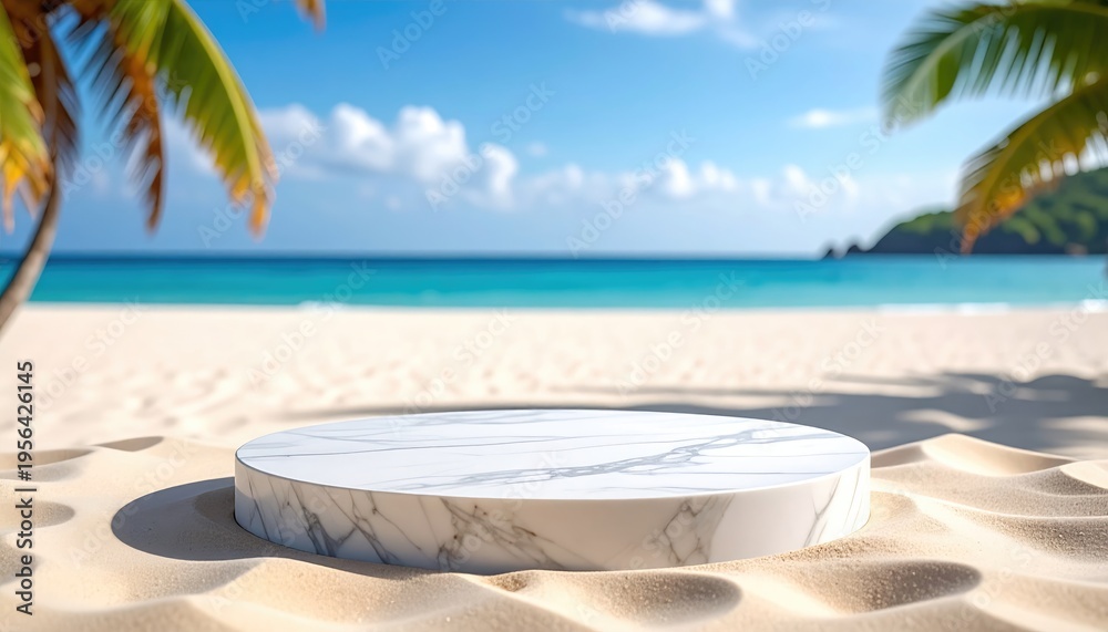 Obraz premium Empty Round White Platform On Tropical Beach Sand.