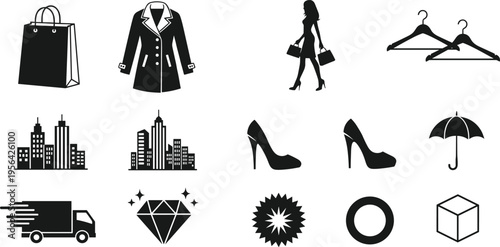Fashion and shopping silhouette set featuring shopping bag winter coat female model high heels jewelry delivery truck city skyline and retail lifestyle design elements.
