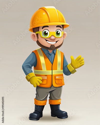 Cartoon construction worker in orange safety gear and yellow hard hat on beige background
