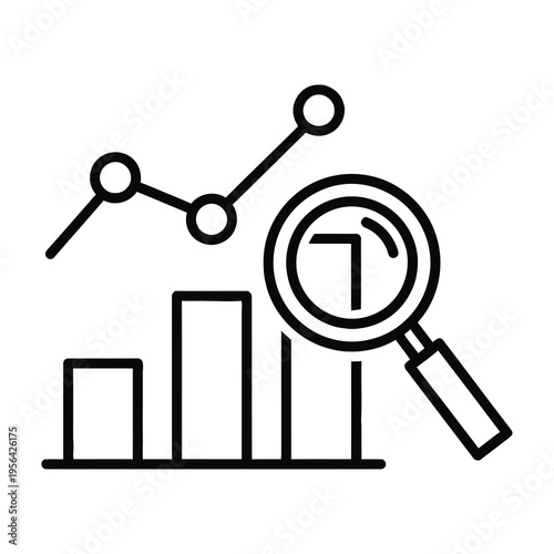 Bar chart analysis with magnifying glass examining data trends and statistics